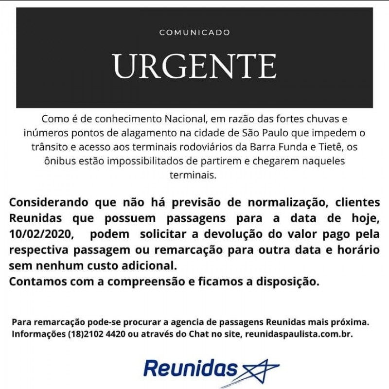 Reunidas Paulista suspende viagens para São Paulo