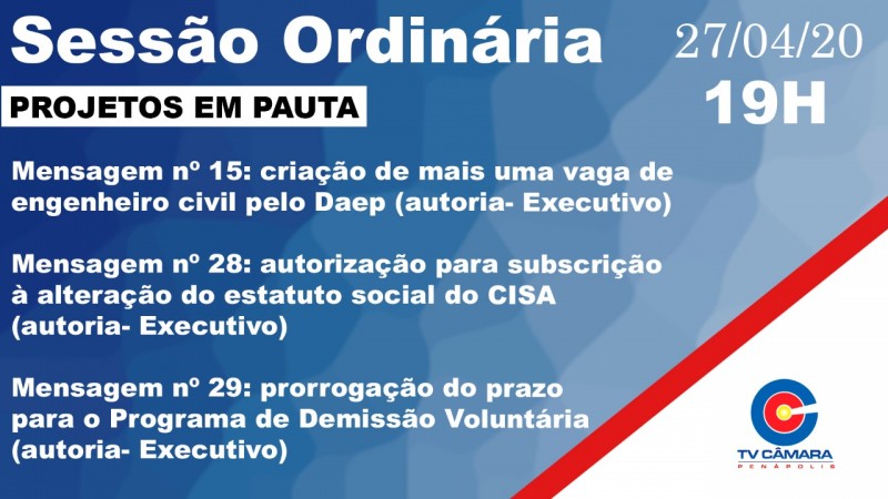 Câmara Municipal tem 3 projetos para votação em sessão na segunda