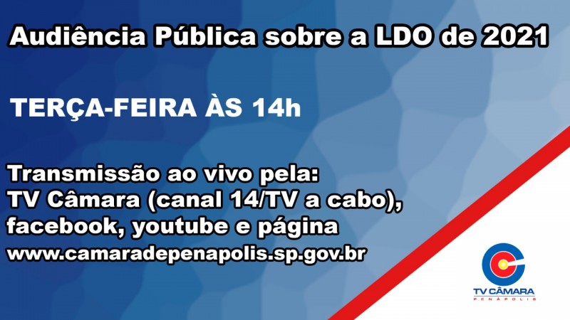 Câmara realizará audiência pública sobre LDO de 2021