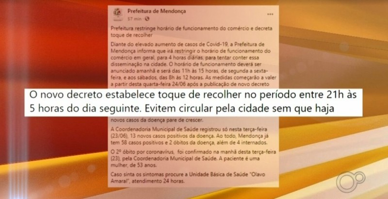 Com cinco mil habitantes, Mendonça tem 58 casos de coronavírus e duas mortes