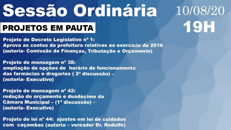 Câmara Municipal discutirá quatro projetos em sua sessão amanhã