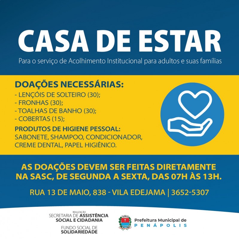 Assistência Social pede doações ao programa Casa de Estar