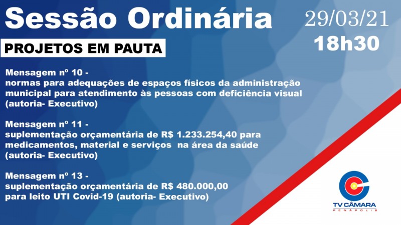 Câmara Municipal tem três projetos para votação na segunda-feira