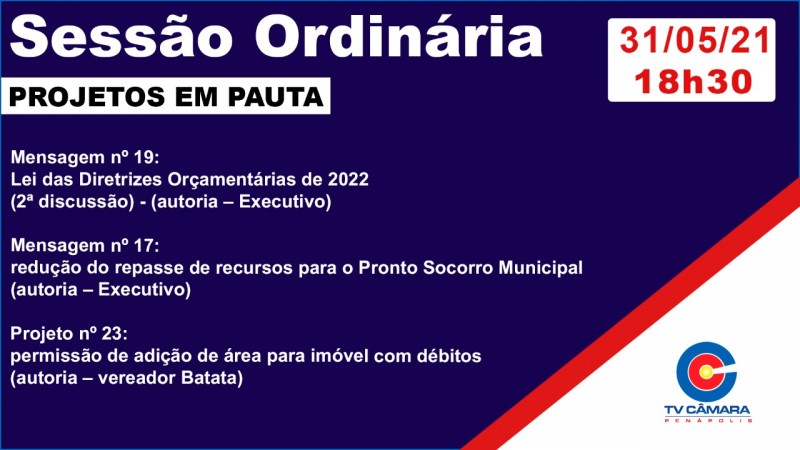 Câmara Municipal tem três projetos para votação