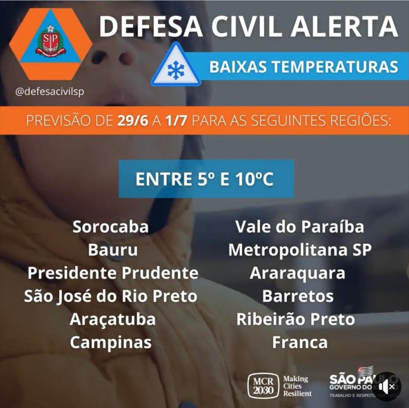 Defesa Civil alerta para baixas temperaturas em cidades do interior de São Paulo