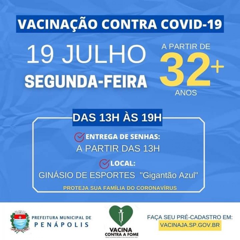 Penápolis vacina público contra a Covid a partir dos 32 anos nesta segunda-feira