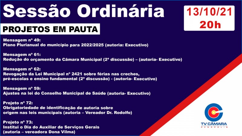 Câmara Municipal votará seis projetos em sessão na quarta-feira