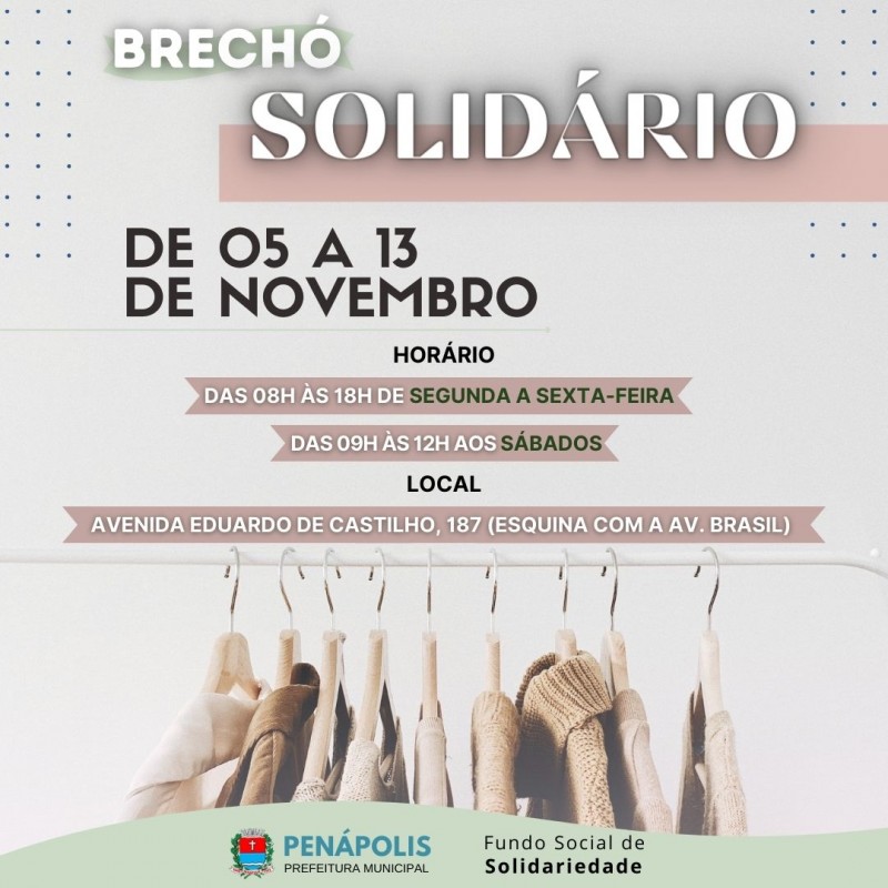 Fundo Social realiza Brechó Solidário de 5 a 13 de novembro