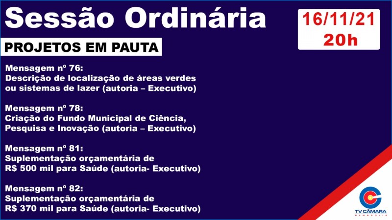 Câmara tem quatro projetos para votação em sessão na terça-feira