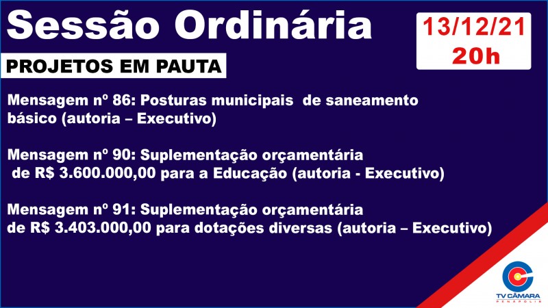 Câmara Municipal votará três projetos nesta segunda-feira