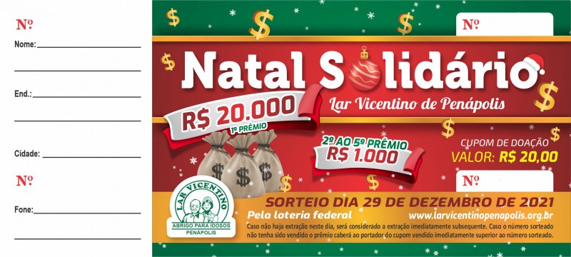 Sorteio do Natal Solidário do Lar Vicentino é transferido para o dia 31 de dezembro