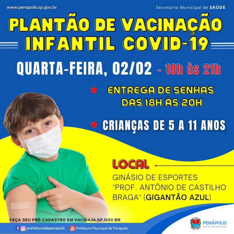 Penápolis terá outro 'Plantão de Vacinação Infantil' contra a Covid-19 nesta quarta-feira