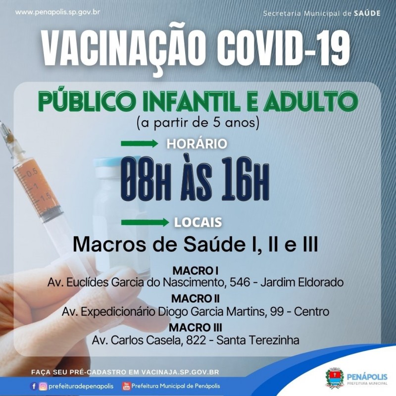 Covid-19: vacinação infantil será nas Macros a partir de segunda-feira