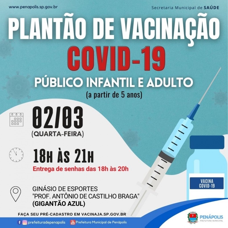 Covid-19: Penápolis terá Plantão de Vacinação nesta quarta-feira