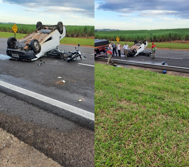 Carro capota após bater em moto e duas pessoas ficam feridas em rodovia de Guararapes