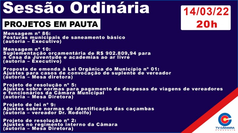 Câmara tem cinco projetos e uma proposta de emenda para votação