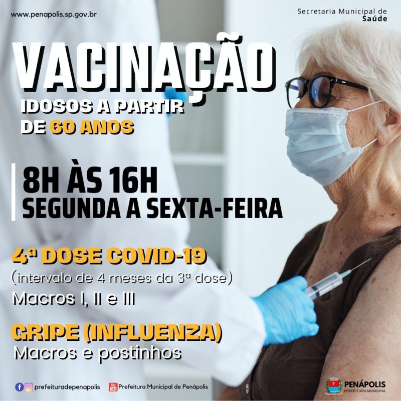 Idosos maiores de 60 anos podem se vacinar contra Covid e Gripe a partir de segunda-feira