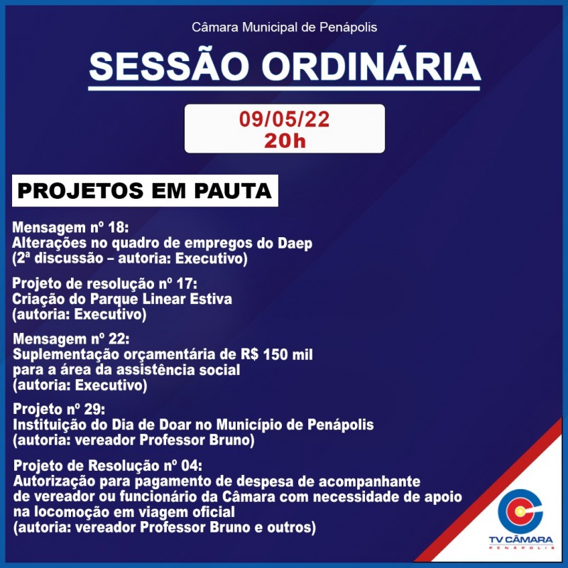 Câmara Municipal votará cinco projetos em sessão segunda-feira