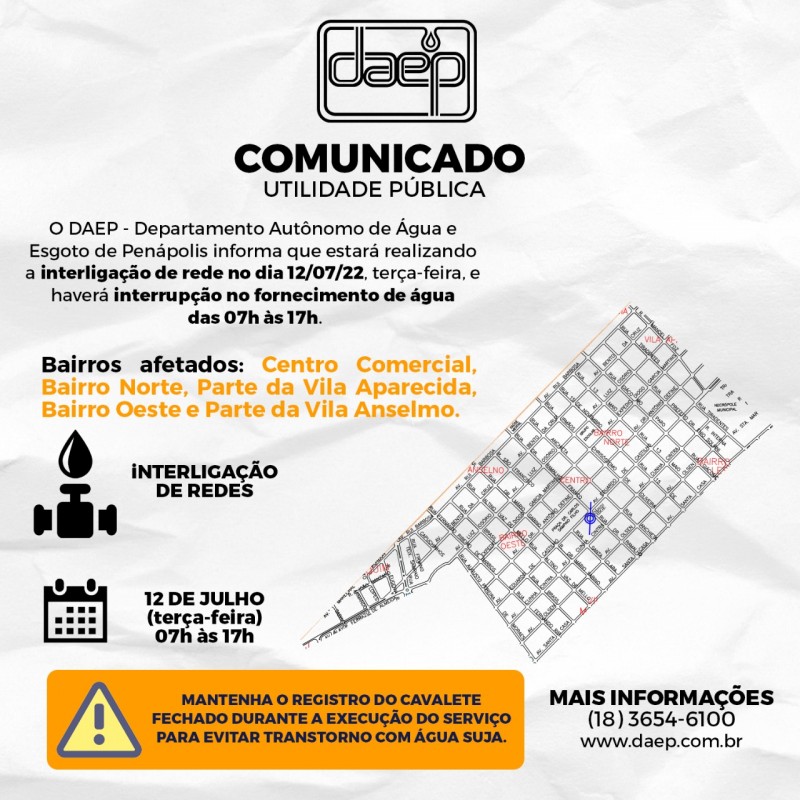 Interligações de redes provocará falta de água no centro e bairros de Penápolis