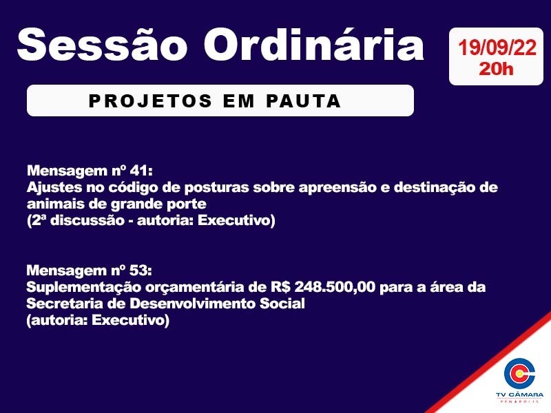 Câmara Municipal votará dois projetos em sua sessão nesta segunda