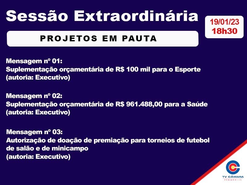 Câmara votará 3 projetos em sessão extraordinária nesta quinta-feira