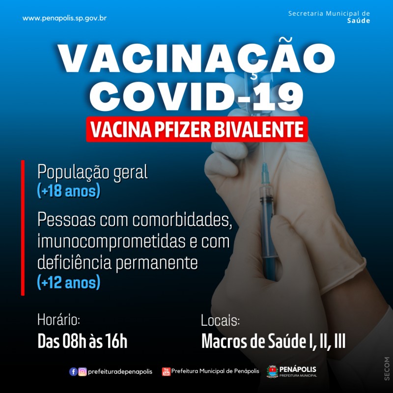 Penápolis oferece vacina bivalente da Covid ao público geral a partir de 18 anos