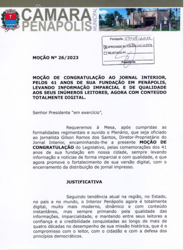 Câmara apresenta Moção de Congratulação ao INTERIOR pela missão por 41 anos no impresso