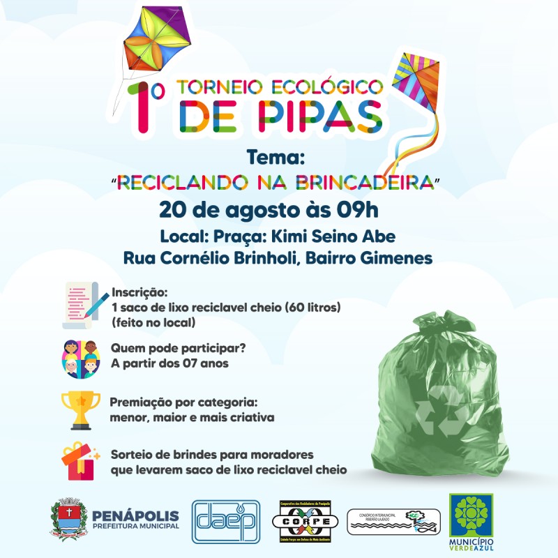 Dia Mundial de Combate à Poluição será celebrado com 1º Torneio Ecológico de Pipas