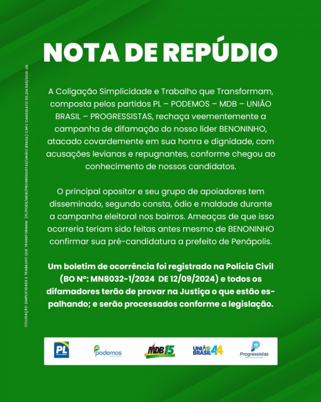 Coligação de 5 partidos políticos emite Nota de Repúdio em crime de difamação contra Benoninho