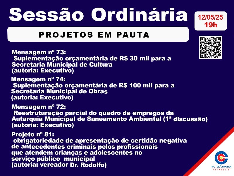 Câmara Municipal votará 4 projetos nesta segunda-feira