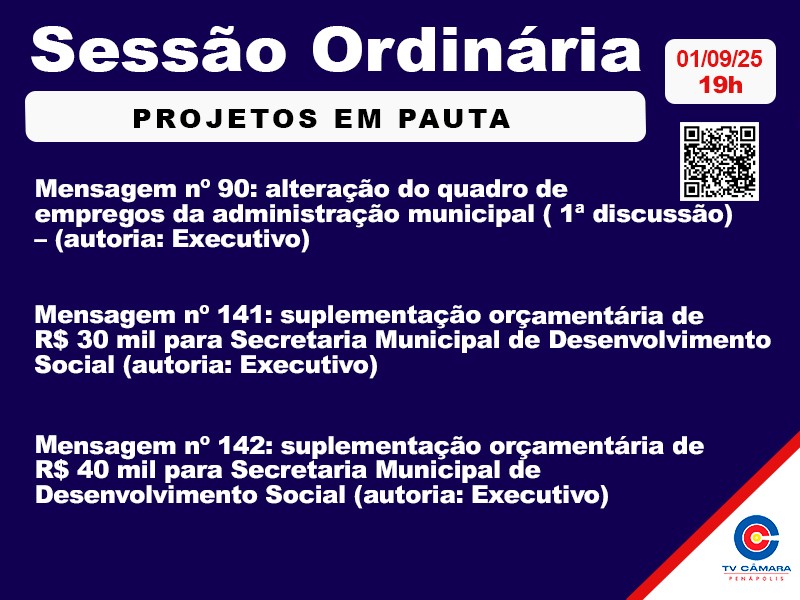 Câmara Municipal votará 3 projetos em sua sessão nesta segunda-feira
