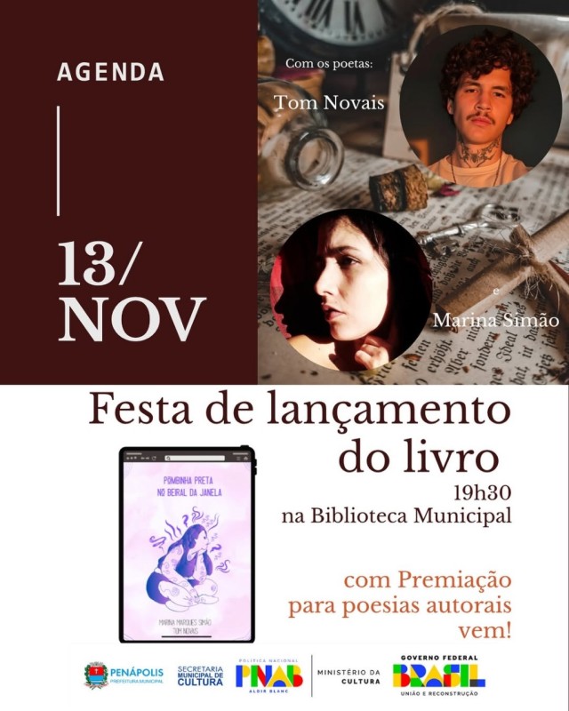 Hoje tem festa de lançamento do livro “Pombinha preta no beiral da janela” na Biblioteca
