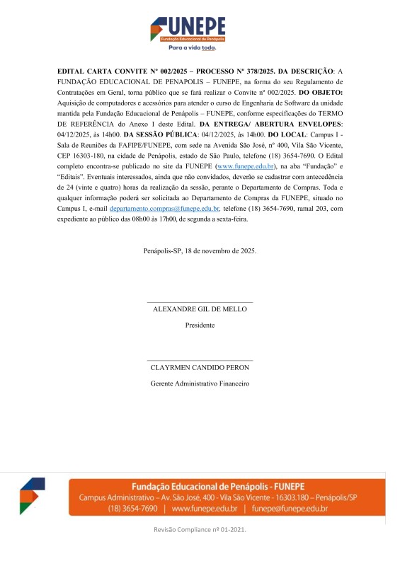 FUNEPE abre Edital para aquisição de computadores e acessórios para atender o curso de Engenharia de Software