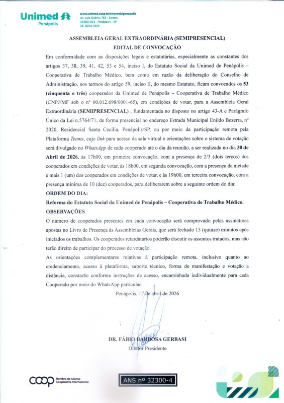 UNIMED - ASSEMBLEIA GERAL EXTRAORDINÁRIA (SEMIPRESENCIAL)
