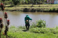 Equipe executa o trabalho de limpeza das margens do córrego Santa Leonor